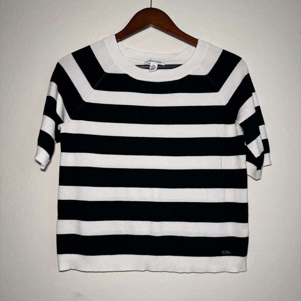 Calvin Klein Women's Striped Top Size Large Black White Preppy Coastal Classic